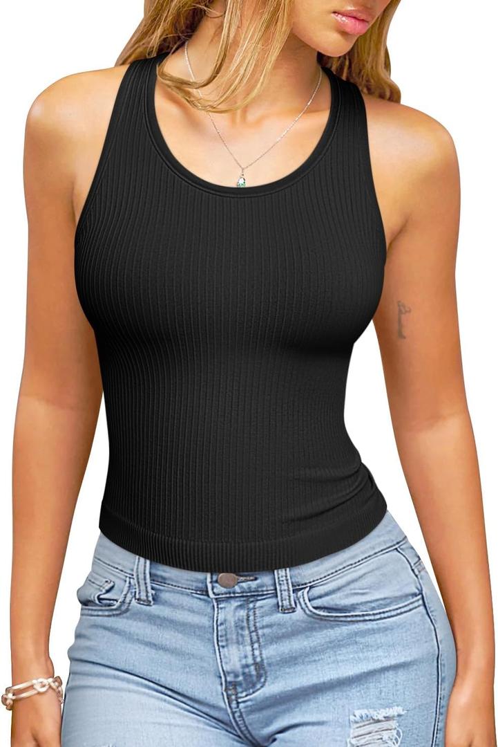 OQQ Womens Tank Tops with Medium Support Removeable Bra Crew Neck Stretch Casusal Crop Camis Black (Black, XL)