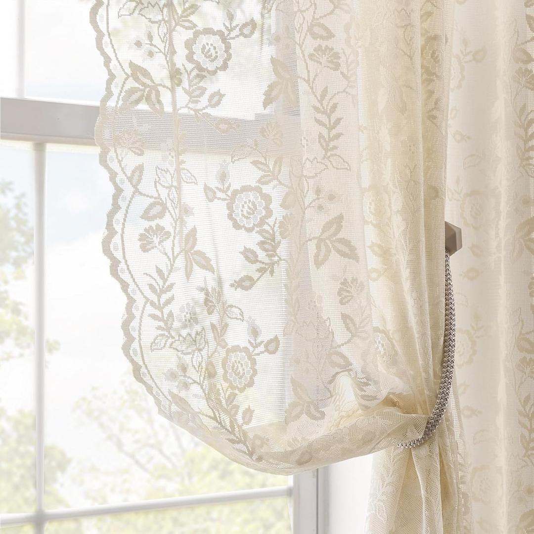 FINECITY Beige Lace Curtains 36 Inch Length 2 Panels Rusitc Leaf Floral Short Sheer Curtains for Kitchen Window Over Sink, Rod Pocket Privacy Light Filtering Lace Cafe Curtain, 42 x 36 Inch
