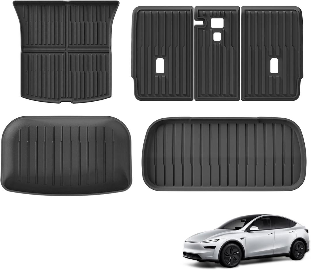 SMABEE Front & Rear Cargo Mat & Trunk Lower Mat & Backrest Mat for 2025 2026 Tesla Model Y Juniper 5 Seater (Not fit Standard) TPE All Weather Floor Liners Trunk Mat Car Accessories Interior Black