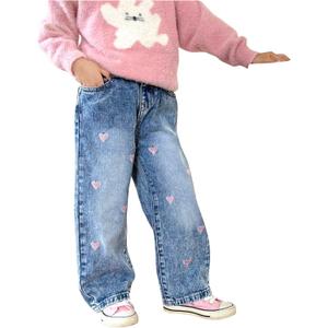 GORGLITTER Girl's Baggy Jeans Denim High Waisted Heart Graphic Print Straight Wide Leg Cargo Joggers Pants Size: 6 Years