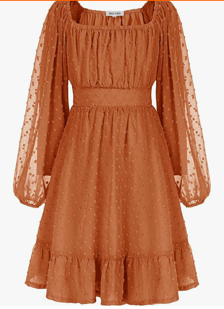 GRACE KARIN Girls Ruffle Tiered Dress Long Sleeve Swiss Dot Flowy A-Line Dress, 8Y