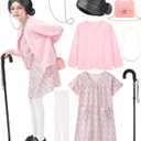 FancyFun 8 Pcs Old Lady Costume for Kids, 100 Days of School Costume for Girls Grandma Wig Granny Outfit Old Person Dress Up Set A 5-7Y