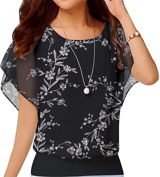 Neineiwu Women's Summer Loose Casual Short Sleeve Chiffon Top T-Shirt Blouse Large