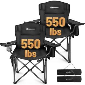 FUNDANGO Oversized Camping Chair for Adults, Heavy Duty Portable Foldable Lawn Chair with Padded Seat & Back, Lumbar Support, 4-can Cooler & Cup Holder, Carry Bag Included for Outdoor