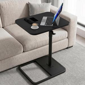 YUHFERA Large TV Tray Table, C-Shaped Side Table with Adjustable Height & Rounded Corners, Snack Table for Couch, Bed or Recliner, for Laptop, Eating & Working, Black, 1pcs