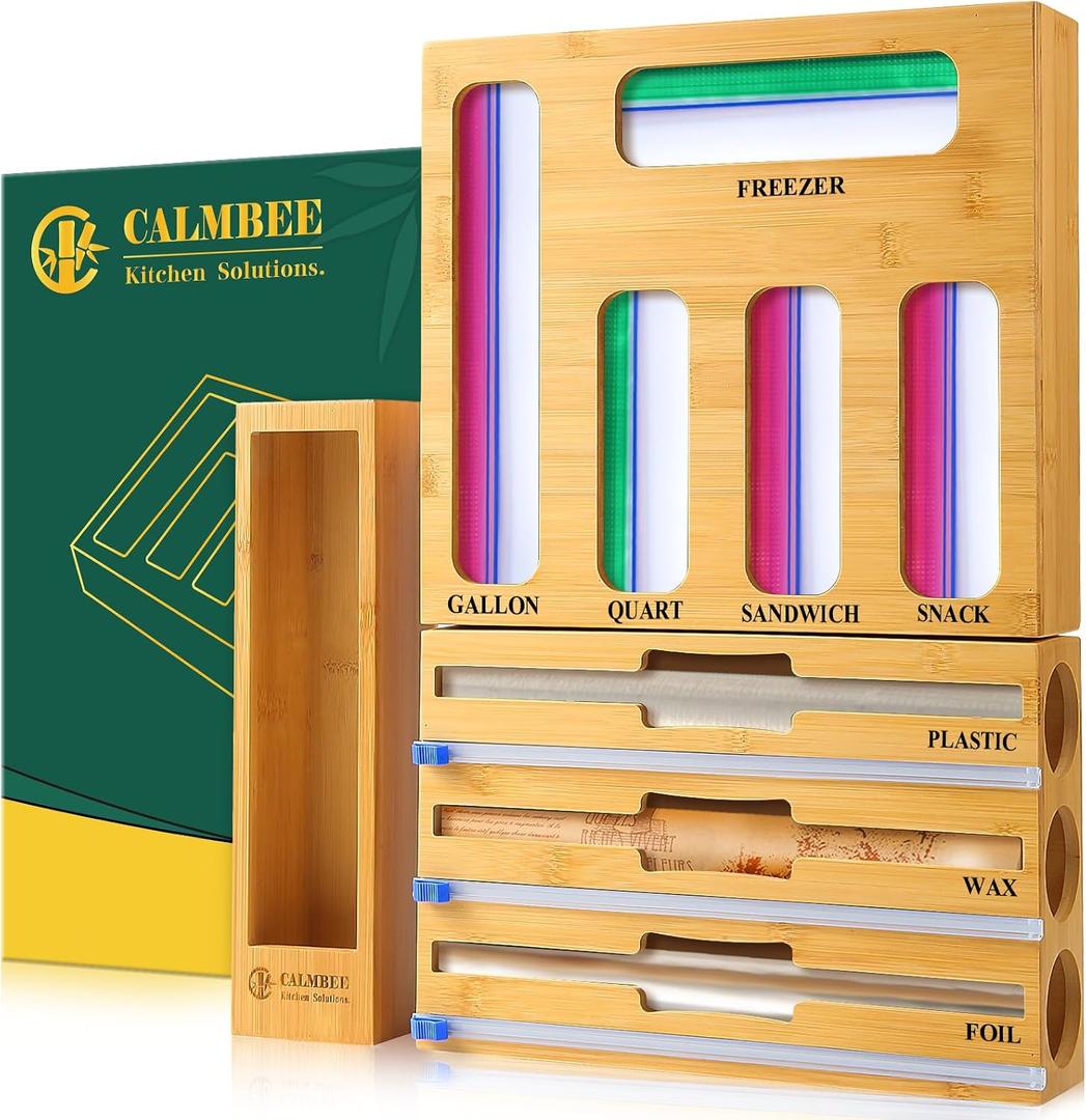Calmbee 9 in 1 Bamboo Storage Bag Organizer for Kitchen Drawer Plastic Wrap Dispenser with Cutter & Foil Organizer, Wooden Baggie Organizer for Sandwich, Snack, Gallon, Quart Sizes, Natural