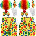 Funtery 12 Pcs Clown Costume Set - Clown Nose, Vest, Wig, Bow, Tie, White Gloves for Circus Cosplay Party