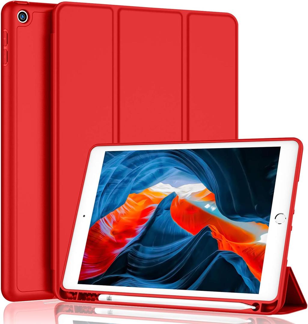 iMieet iPad 9th Generation Case 2021/iPad 8th Generation Case 2020 10.2 Inch with Pencil Holder, iPad 7th Gen 2019 Case with Soft Baby Skin Silicone Back, Auto Wake/Sleep Cover (Red)