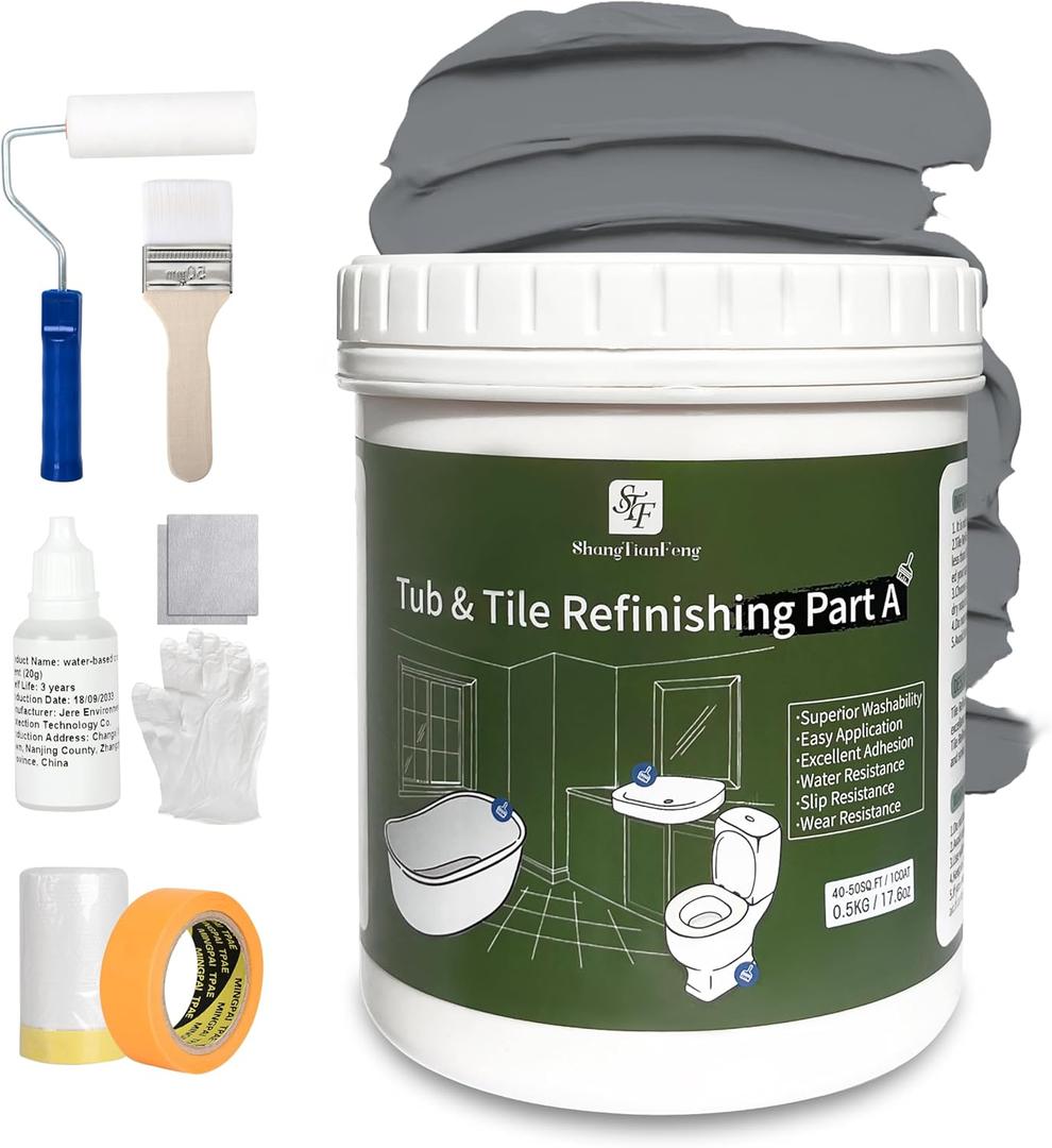 Grey Ceramic tub and tile Paint Refinishing Kit Bathtub Bathroom wall Paint, Easy of Usecountertop sink Paint Resurfacing Sink Tub waterproof Kitchen Countertop, Low Odor No Toxic(Grey/25-30sq.ft) (16Oz /1 Lb /0.5 Kg - 1PACK with 7 Tools)