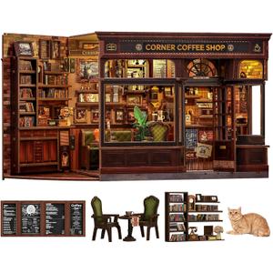 Fsolis Book Nook Kit - DIY 3D Wooden Puzzles for Adults Coffee House with Cat Diorama Booknook Bookstore Mini House Building Kit Gifts for Women Readers Book Lovers (Corner Coffee Shop)
