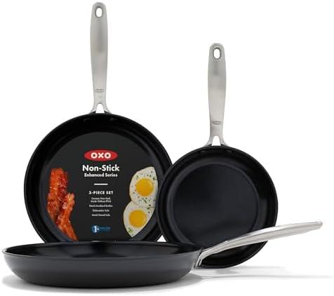 OXO Enhanced, 4 Piece Frying Pan Skillet Set, Healthy Ceramic Nonstick, PFAS-Free, Stainless Steel Handle, Dishwasher Safe, Oven Safe, Black