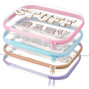 Thinkday 4 Pcs MAMA and BABY Hard Shell Zipper Case Set with Chenille Letters, 9.8 Inch Plastic Zipper Pouch for Travel Organizer, Portable Cosmetic & Snack Storage, Gift for Mom Women, 4 Colors