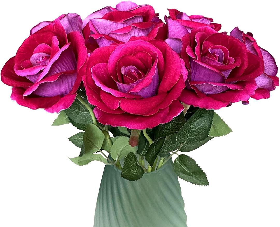 10-Pcs Artificial Rose Bouquets Faux Flowers with Flannel and Silk-Like Touch Highly Realistic Handmade Ideal for Home Office Wedding Hotel Festival Party Decorations Gifts Props (Fuchsia)