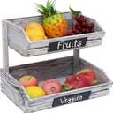 Fruit Basket Hanging Storage Baskets Kitchen Storage,2 Tier Farmhouse Standing Wooden Organizer,Classic Pastoral Holder Rack for Kitchen,Office,Dining Room and Guest Room (Need Assemble)