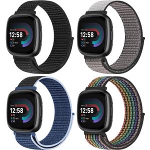 Sport Loop Compatible with Fitbit Versa 4 Fitbit Sense 2 Fitbit Versa 3 Fitbit Sense for Women Men,Soft Nylon Adjustable Breathable Replacement Wristband for Sense/Sense 2/Versa 3/Versa 4 (Black+Grey+Midnight+Black Rainbow)