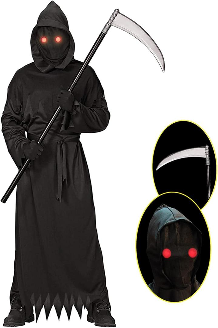 Grim Reaper Halloween Costume with Glowing Red Eyes for Kids, Scythe Included (XLarge, Black)