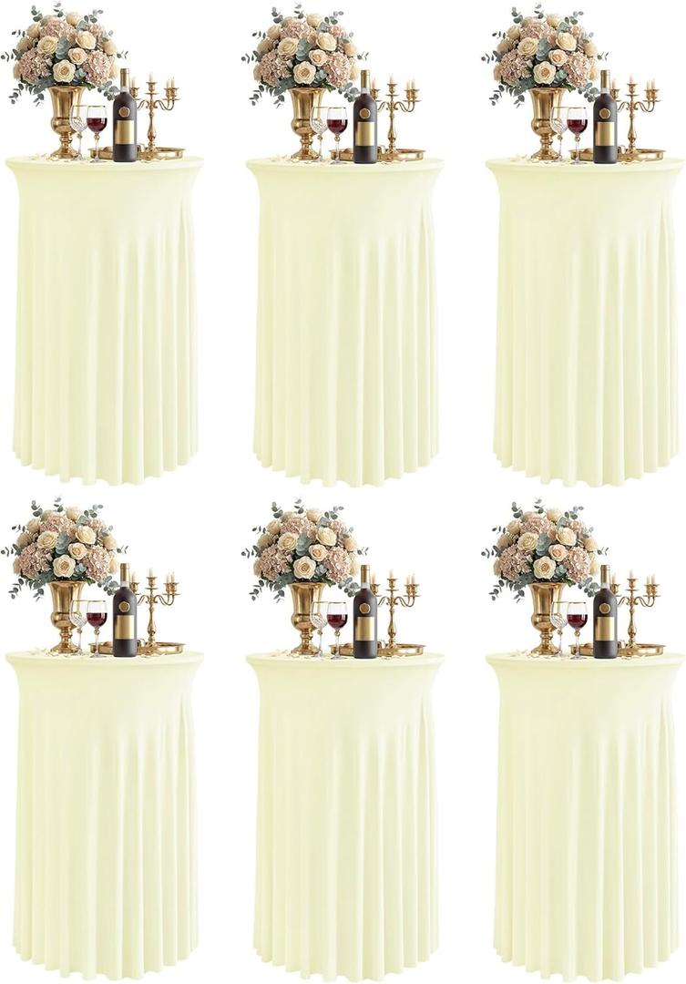 KeyWave Cocktail Table Tablecloth with Skirts - 24x43 Inch Wavy Spandex High Top Cocktail Table Covers, Ruffle Drape Highboy Tablecloth Reusable for Party Wedding Cake Standing Table, Ivory, 6 Pack