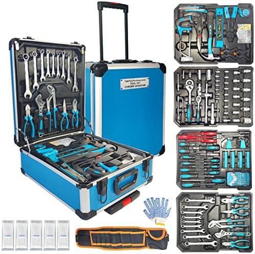 Arcwares 799pcs Aluminum Trolley Case Tool Set Silver, House Repair Kit Set, Household Hand Tool Set, with Tool Belt