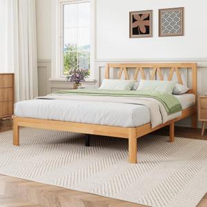 Novilla 12 Inch Queen Bed Frame with Headboard Bed Frame Queen Size Solid Wooden Bed Frame Foundation with Wood Slat Support, No Box Spring Needed, Easy Assembly, Natural Grain Wood