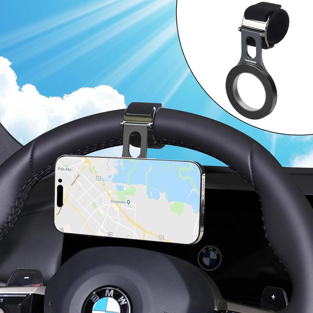 Magnetic Phone Holder for Car, Steering Wheel Phone Mount Fits MagSafe Car Mount[Strong Magnet & Aluminum Alloy], Steering Wheel Phone Holder Work on All Phones iPhone Samsung(Magnetic Ring Included) (Midnight Silver Metallic)