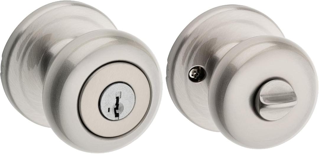 Kwikset Juno Entry Door Knob with Lock and Key, Secure Keyed Handle Exterior, Front Entrance and Bedroom, Satin Nickel, Pick Resistant SmartKey Rekey Security and Microban, 2 (Pack of 1)