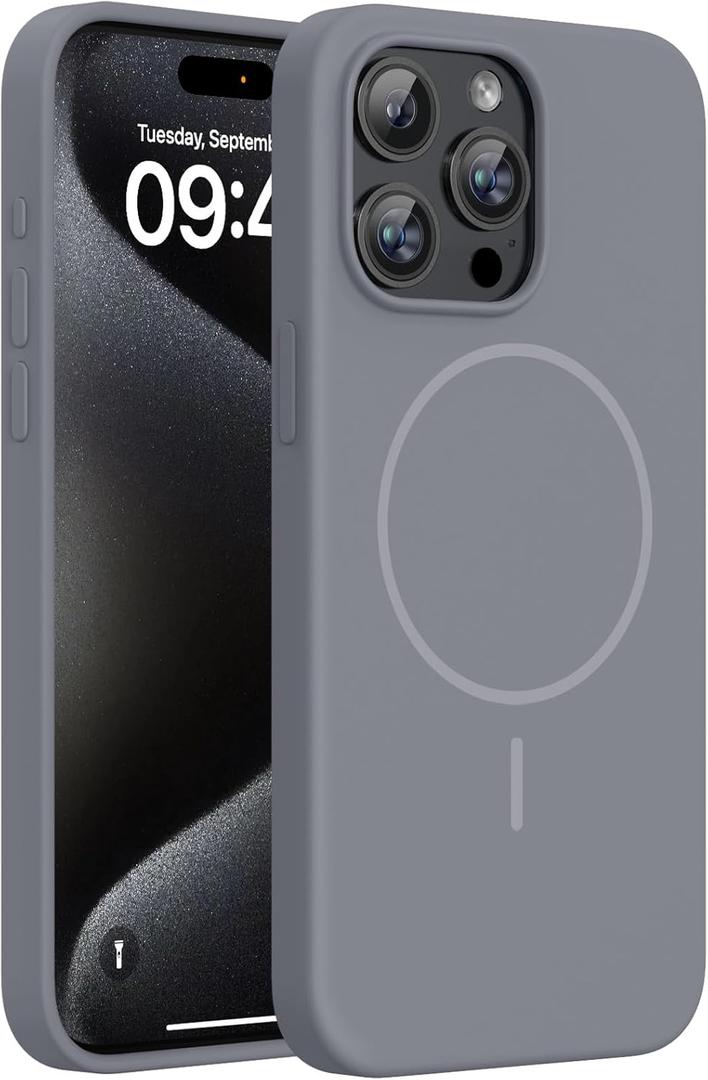 Miracase Magnetic for iPhone 15 Pro Max Case, [Soft Anti-Scratch Microfiber Lining], Compatible with MagSafe, Liquid Silicone Case Shockproof Drop Protection Phone Case for 15 ProMax, Lavender Gray