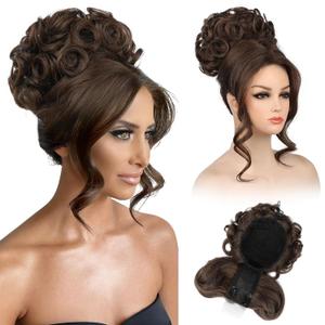 REECHO Messy Bun Hair Piece with Bangs - 2-in-1 Hair Bun Hairpieces Curly Updo Wig & Hair Topper with Long Side Bangs Natural-Looking Drawstring Ponytail Extension for Women - Chocolate Brown