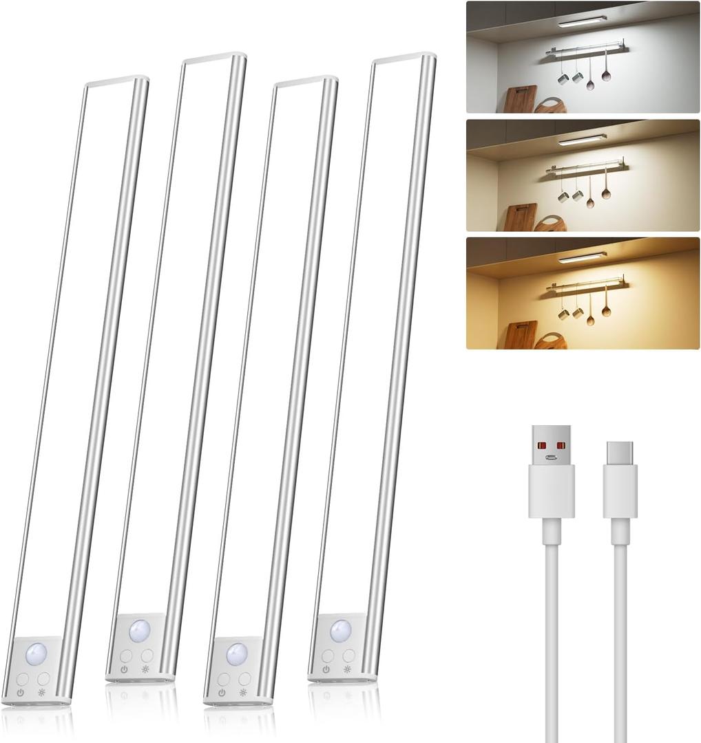 Diomart Under Cabinet Lights Wireless, Motion Sensor LED Closet Light Rechargeable, Motion Sensor Light Indoor Stick on Under Counter Lights for Kitchen, Stairs, 4 Pack