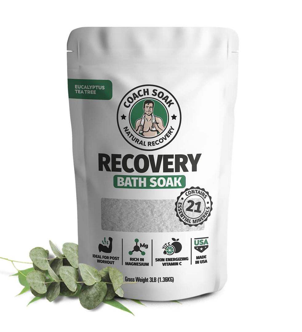 Coach Soak: Recovery Bath Soak Rejuvenating Post Workout Natural Magnesium Flakes -21 Minerals, Essential Oils & Dead Sea Bath Salts-Absorbs Faster Than Epsom Salts for Soaking (Eucalyptus Tee Tree)