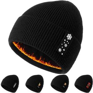 Men's and Womens Beanies with Turned-Up Brim Thickened Knit Winter Skull Hat Includes One hat and Five Interchangeable Badges Black