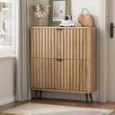 Shoe Storage Cabinet, Fluted Shoe Cabinet Storage for Entryway, Hidden Shoe Cabinet with Metal Legs,Shoe Organizer Cabinet with Flip Doors, Slim Entryway Shoe Storage Cabinet, Natural Wood-31.5in, 31.5" Wide