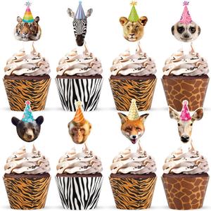 2 x 48 Pack Safari Animals Cupcake Toppers and Wrappers, Jungle Animals Cake Decoration for Wild Theme Birthday Party Jungle Zoo Party Supplies