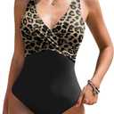 AI'MAGE Women's One Piece Swimsuit Slimming Tummy Control Bathing Suit Sexy V Neck Push Up Swimwear 2025 (Medium, Black Leopard Print)