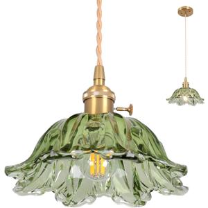 Glass Pendant Light Vintage Light Fixtures,Green Modern Chandelier Pendant,E26 Pendant Lights Kitchen Island,10.6 inch Hanging Lamp for Bedroom Hotel Dining Room 1 Light (Hardwired 1 pack)