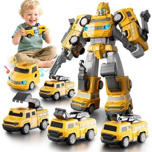 5 in 1 Magnetic Transform Cars Robot Toys Gift for Boy Ages 4-6, Easy DIY Assembly, STEM Magnetic Transform Engineering Trucks Toy, Birthday for Kids 3 4 5 6 7 Year Old(Yellow)