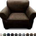 Single Sofa Cover Leather Look Chair Covers for Living Room 1-Piece Sofa Chair Covers with Arms Stretch Furniture Protector with Elastic Bottom & Pockets(Armchair, Coffee)