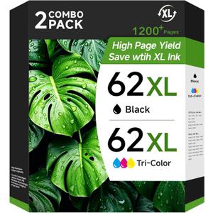 62XL Ink Cartridge Combo Pack Replacement for HP 62XL 62 Work with HP Envy 7640 7645 5540 5640 5642 5665 OfficeJet 250 200 8040 5746 Printer (1 Black, 1 Tri-Color)