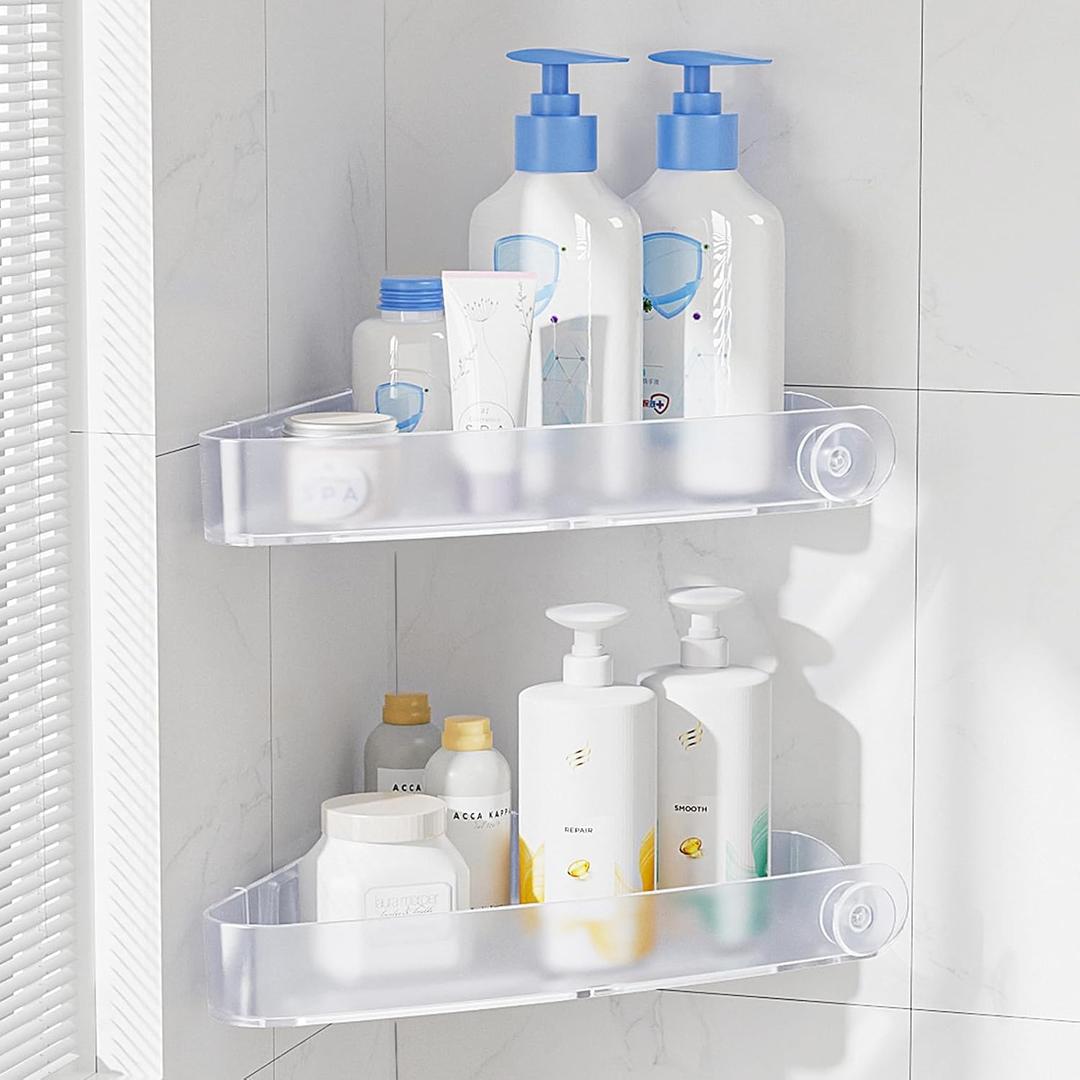 Sotfamily Plastic Shower Caddy Corner (for 90 Only), 2 Pack Adhesive Corner Shower Shelves for Bathroom Organizers and Storage, Frosted Clear