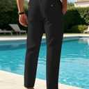 Mens Linenl Pants Casual Loose Straight Elastic Suit Waist Drawstring Trousers Lightweight Beach Vacation Pants (Black, L)