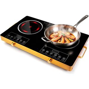 Electric Countertop Double Burner, 7000W Ceramic Cooktop with Crystal Glass Hot Plate & Stay Cool Handles, 12 Level Temperature Control, LED Display, Touch Control, Cooking Stove for Home Camping RV