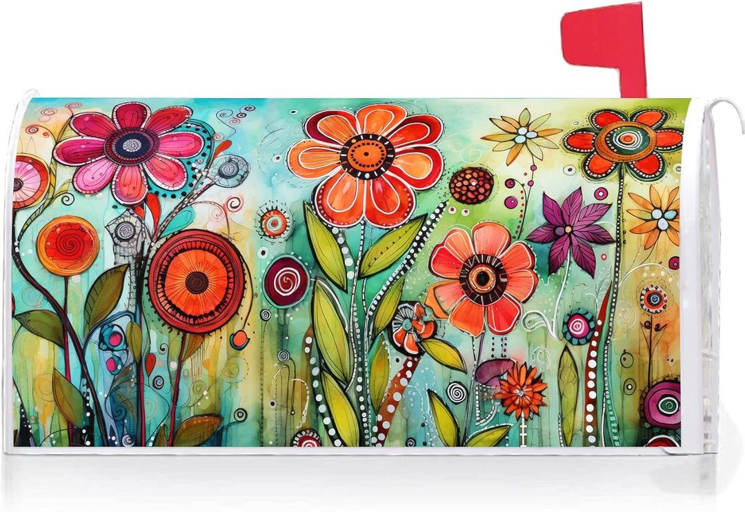 Texupday Abstract Colorful Floral Mailbox Cover with Magnetic Strip Spring Summer Daily Mailbox Wraps Post Letter Box Cover Standard Size 21" X 18" for Garden Outdoor Yard Decor