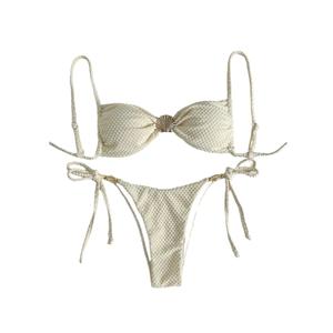 GORGLITTER Women's Thong Bikini Sets Metal Shell String Tie Swimsuit Brazilian Beach Bathing Suits Beige Large (L)