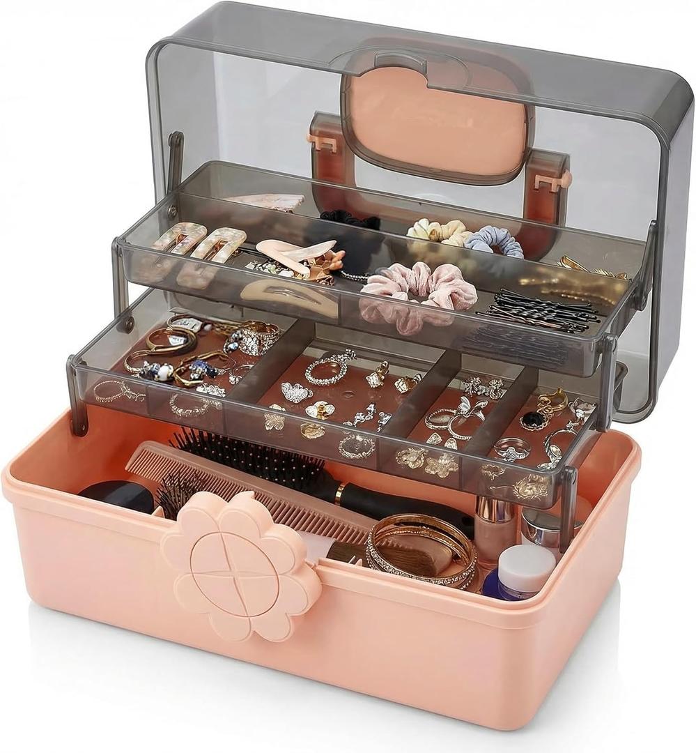 Pulseplay 3-Layer Plastic Storage Box with Handle Portable Folding Art Supply Organizer Multipurpose Case for Cosmetics,Jewelry,Sewing,Medicine,Nail,Hair Accessories