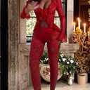 Acelyn Women 2 Piece Lace Sets Sexy Bodycon Mesh Sheer Floral Lace Legging Pants Club Outfits Long Sleeve Ruffle Cardigans (Red), XXL