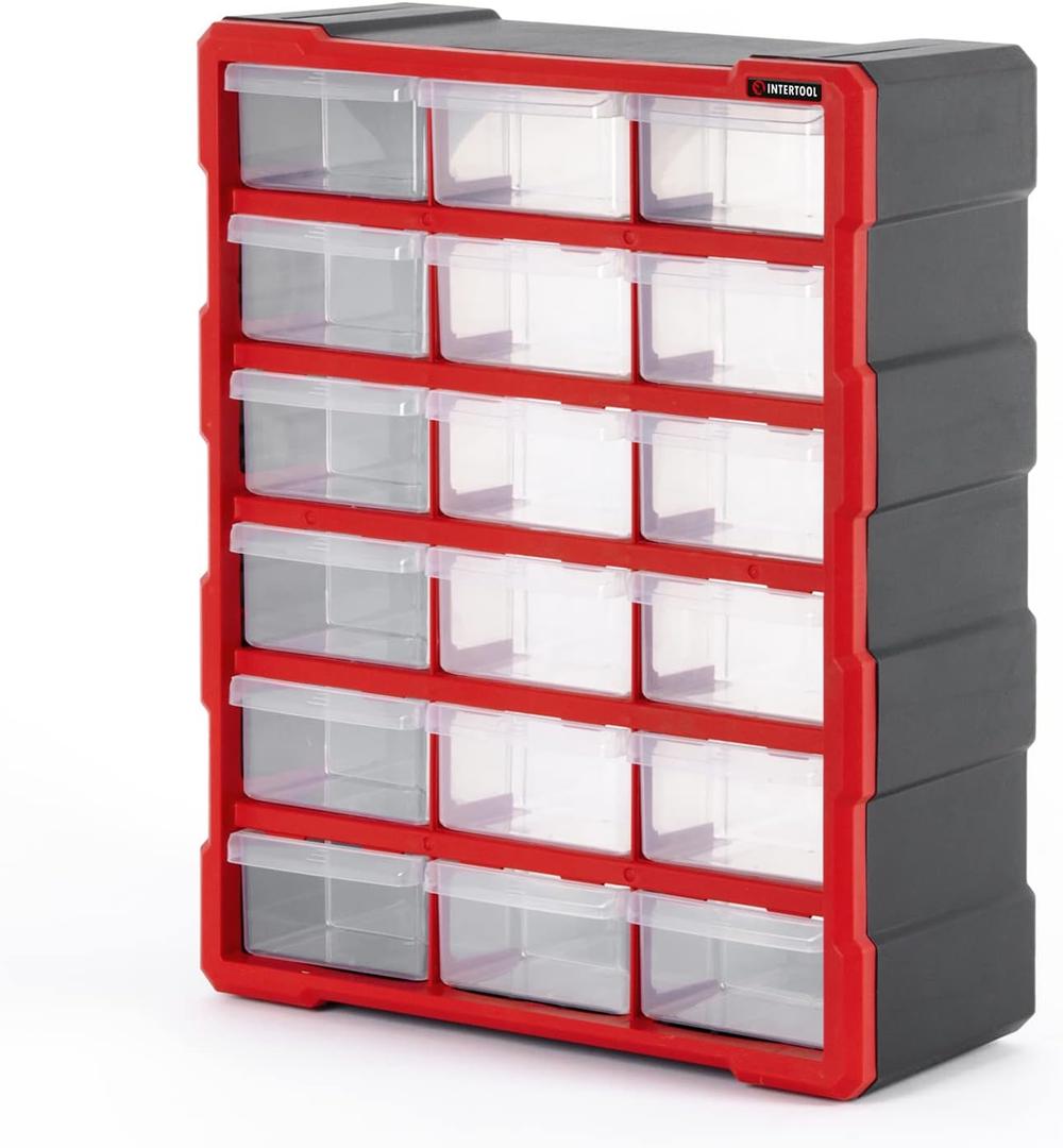 INTERTOOL Small Parts Organizer for Hardware & Screws | 18 Removable Bins with Dividers | Wall Mount or Desktop Craft & Lego Storage Cabinet | 19” x 15” x 7” BX08-4019