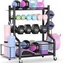 PLKOW Dumbbell Rack, Weight Rack for Dumbbells, Home Gym Storage for Dumbbells Kettlebells Yoga Mat and Balls, All in One Workout Storage with Wheels and Hooks, Powder Coated Finish Steel
