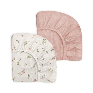 Pack and Play Sheets for Baby Boy and Girl 2 Pack, Neutral Muslin Cotton Pack N Play Mattresses Sheet 27"x39", Muslin Nursery Bedding Soft and Breathable Comfort (Petal Leaf & Pink)