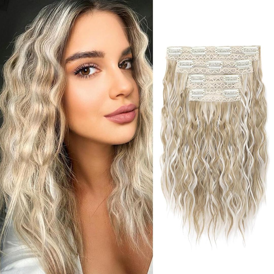 REECHO Clip in Hair Extensions, 4PCS Hair Extensions 12" Short Curly Wavy Blonde hair extensions Invisible Lace Weft Natural Soft Hairpieces for Women  Ash Blonde with Highlights