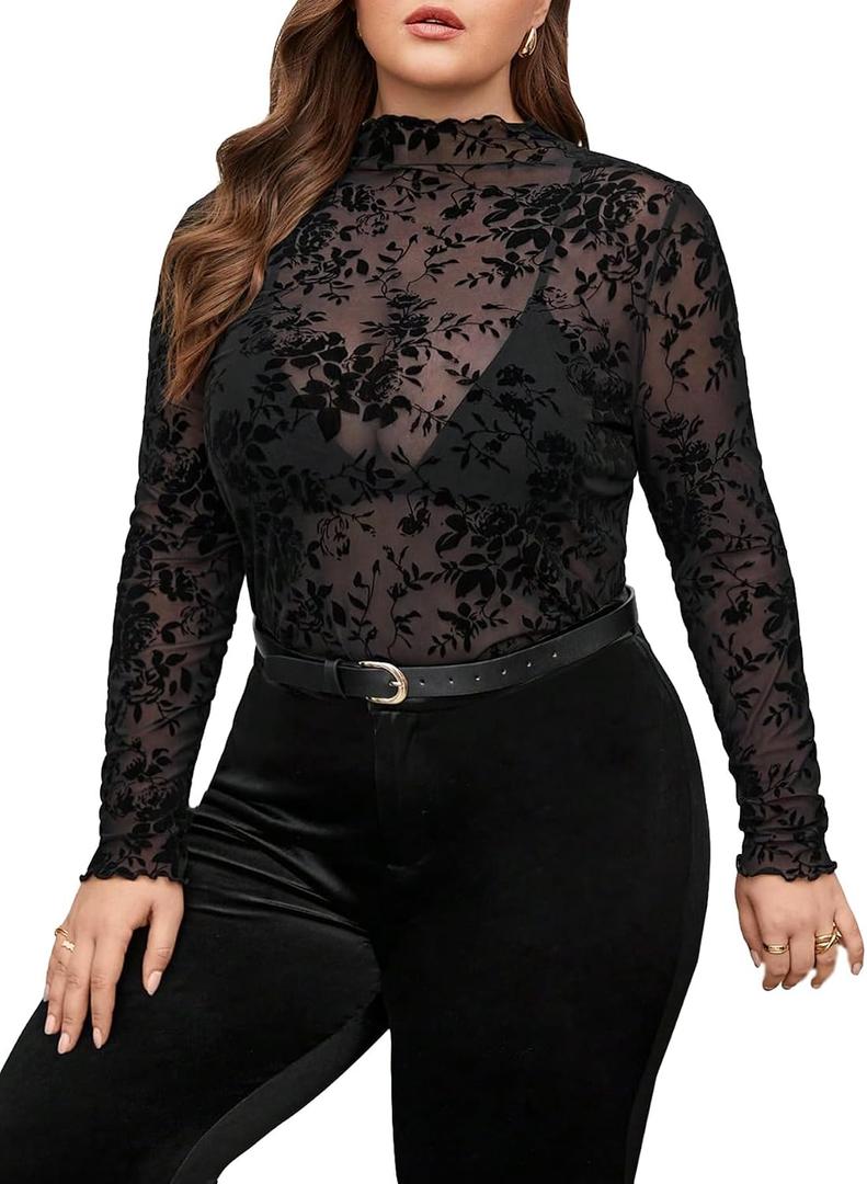 WDIRARA Women's Plus Size Floral Jacquard See Through Mesh Top Lace Mock Neck Long Sleeve Shirts (Black, XXXL)