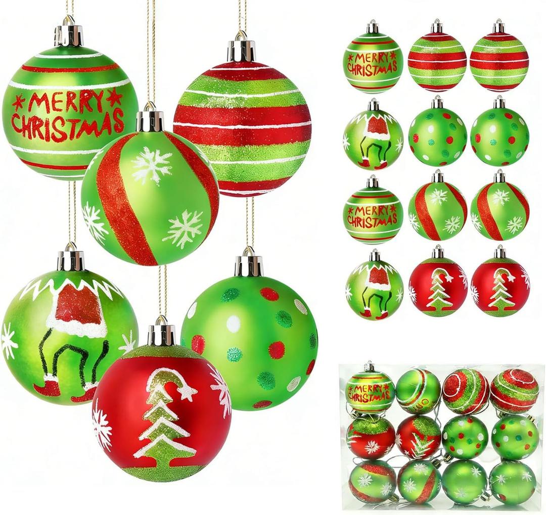 Christma Ornament Set,12 Pcs Christmas Tree Hanging Decorations, 2.36 Inch Green and Red Grinch Christmas Balls, Shatterproof Christmas Ornaments for Xmas Tree, Holiday Party Decor